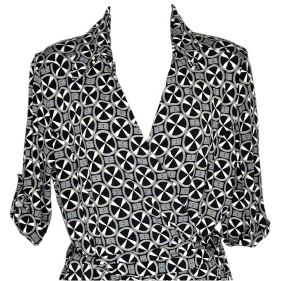 Jane Lamerton (Australia) True Wrap Dress w/Collar Geo Print - Black/Ivory - 12 - Picture 4 of 11